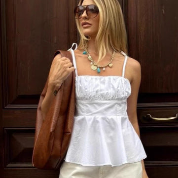 Dame afslappet spaghetti-strop top med innovative flæsedetaljer Stilla