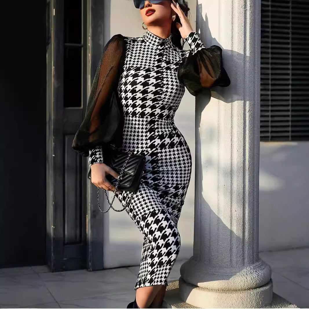 Dame Elegant Jumpsuit med transparente puffærmer og houndstooth mønster Stilla