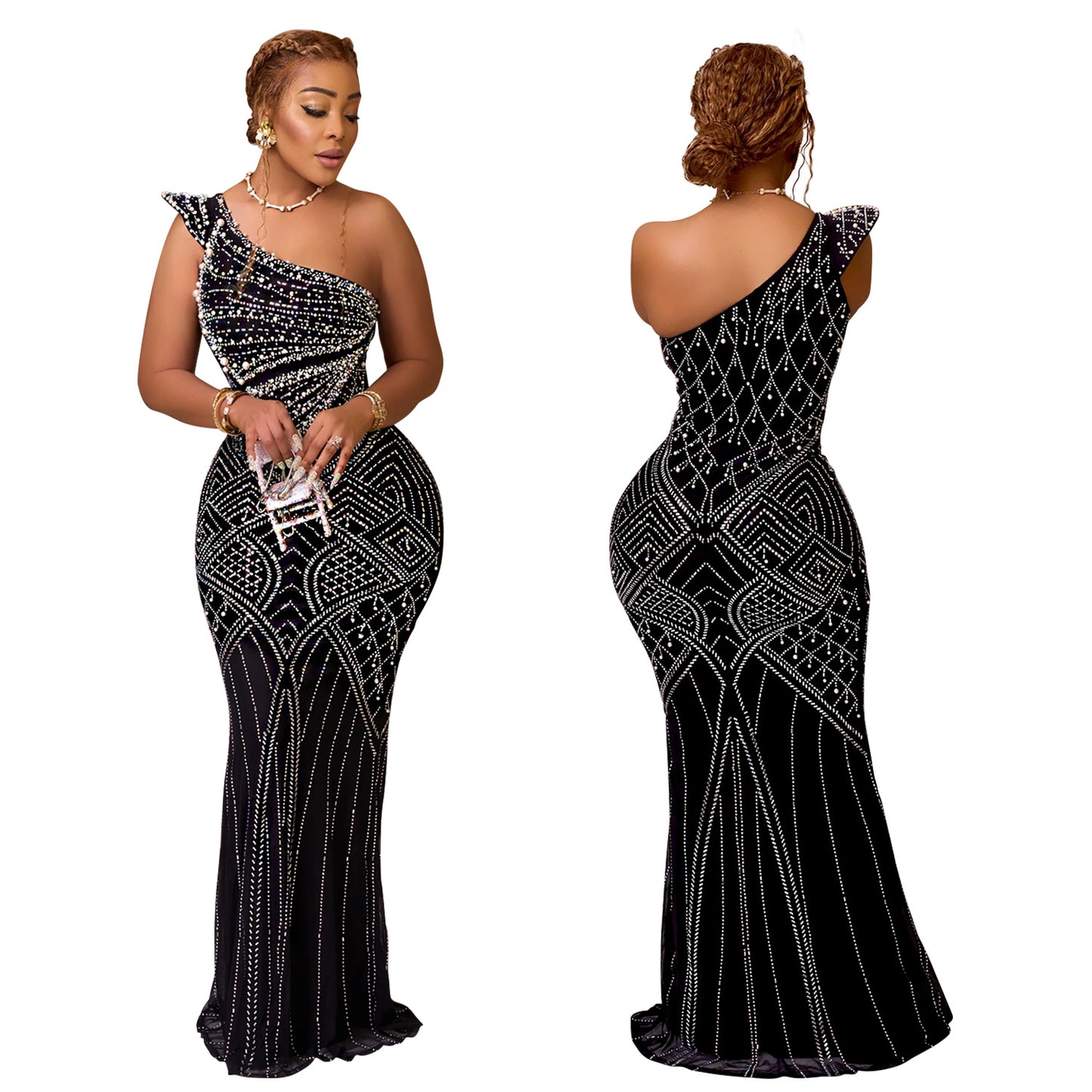 Dame Elegant aftenkjole med asymmetrisk design og funkende applikationer Stilla