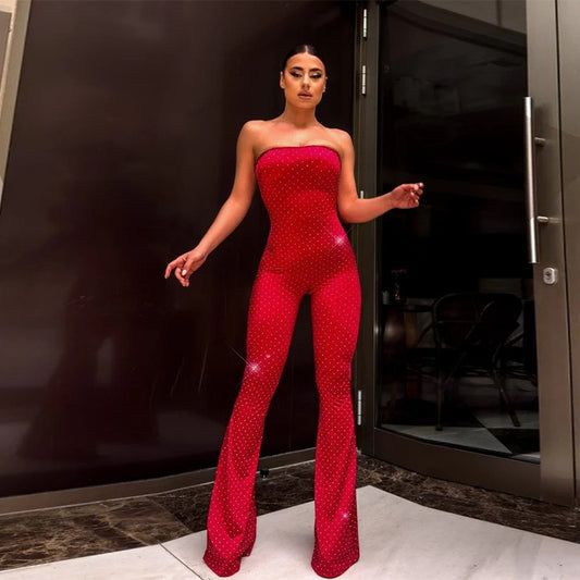 Dame Strapless Pailletter Flare Jumpsuit Stilla