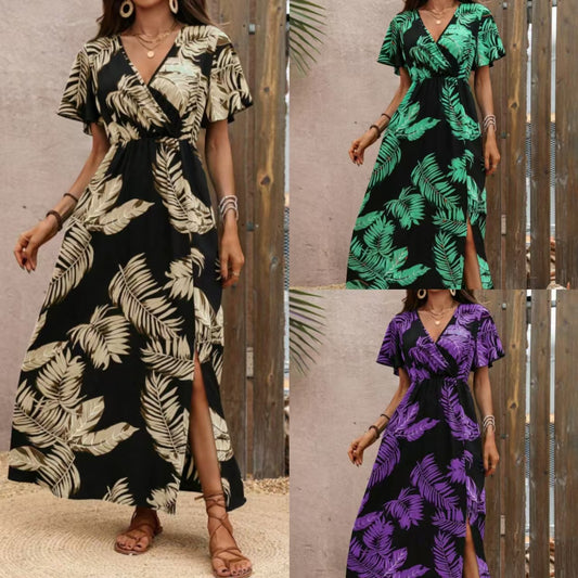 Dame afslappet Maxi Kjole med tropisk bladmønster Stilla
