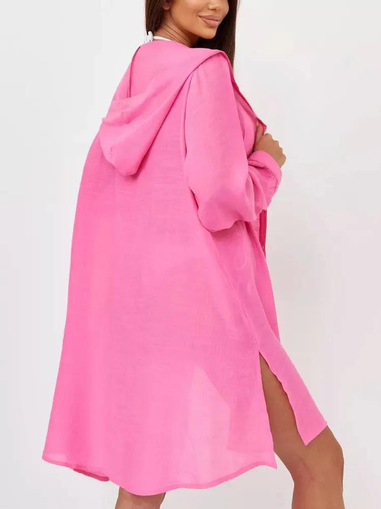 Dame afslappet strandtunika med hætte og knaplukning Stilla