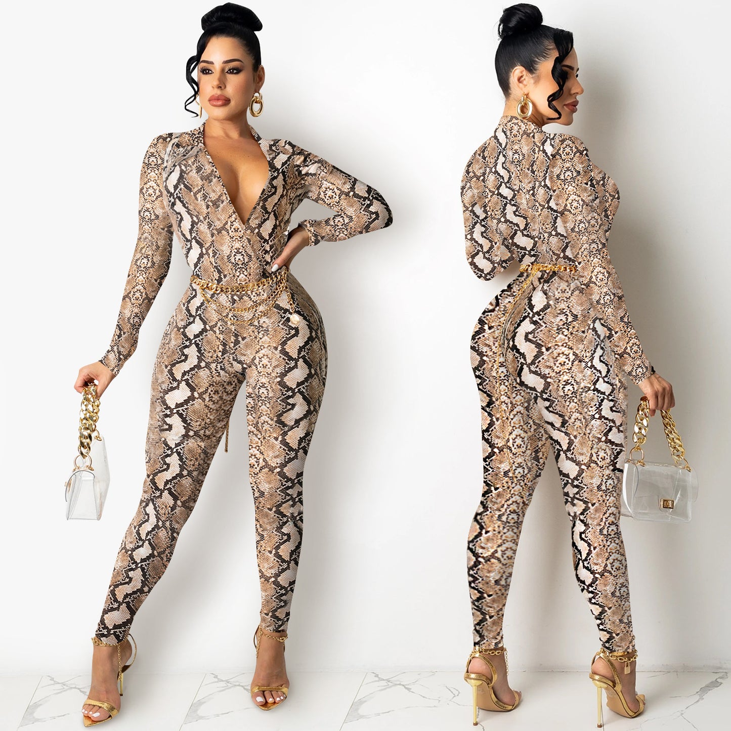 Dame elegant gulvlængde jumpsuit med slangetryk og dyb V-hals Stilla
