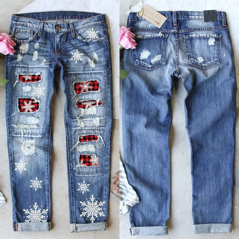 Dame Destroyed Jeans med vinterlige motiver Stilla