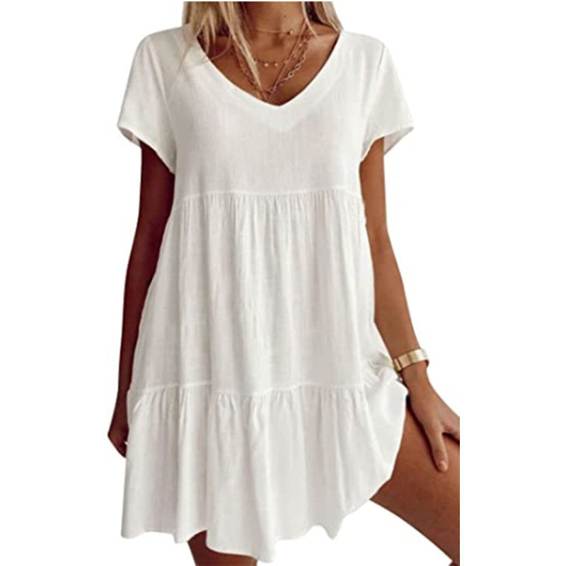 Dame afslappet jerseykjole med voluminiøs nederdel og V-udskæring Stilla