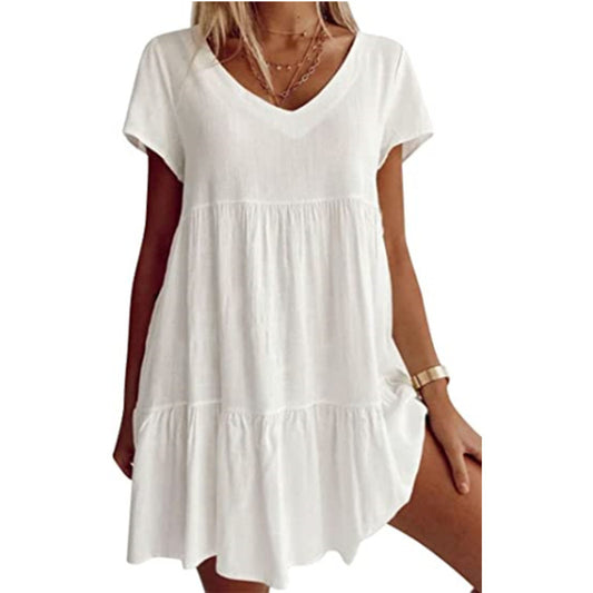 Dame afslappet jerseykjole med voluminiøs nederdel og V-udskæring Stilla