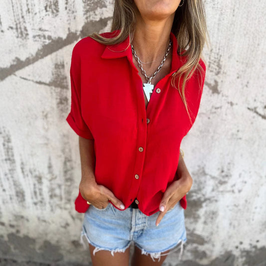 Dame afslappet bluse med opklappelige ærmer og knapdetalje Stiila