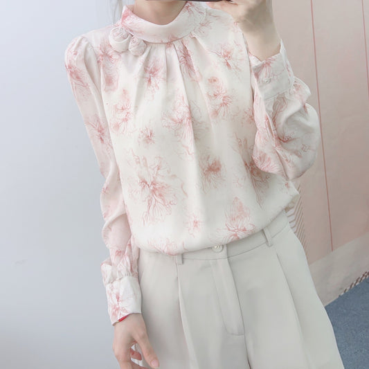 Dame Elegant Bluse med florale mønstre og høje volangdetaljer Stilla