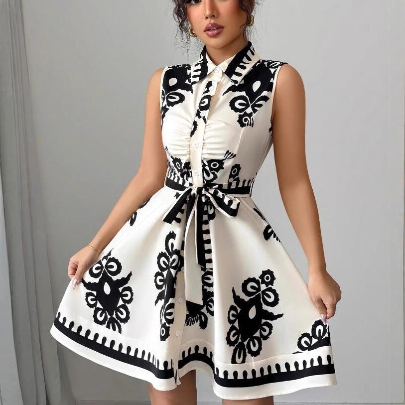 Dame elegant knaplukning minikjole med bindebælte Stilla