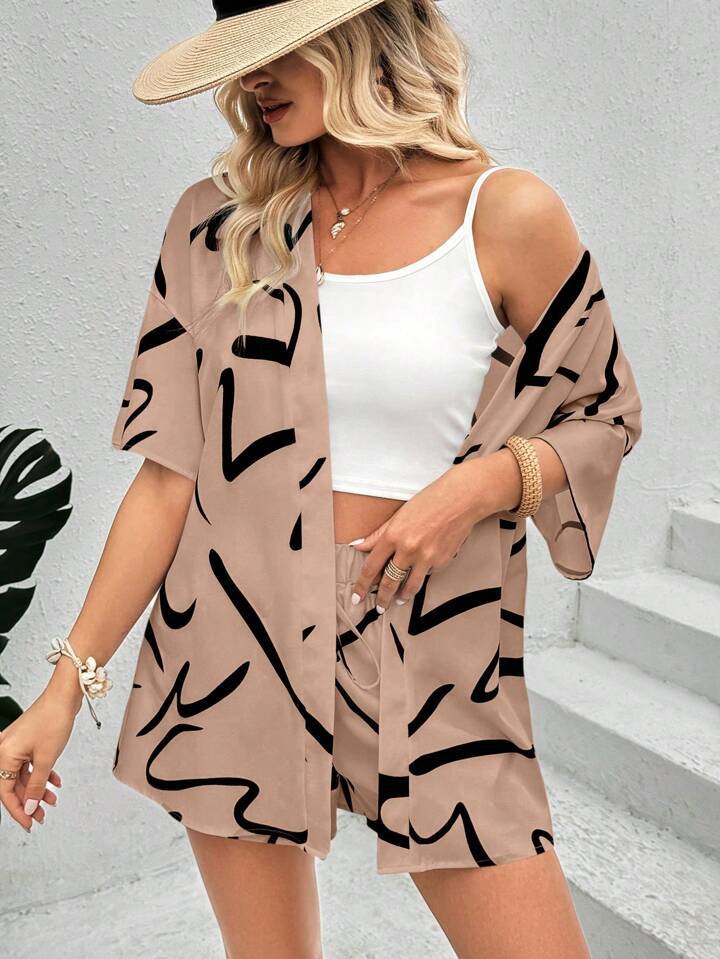 Dame Abstract Print Kimono Sæt Stilla