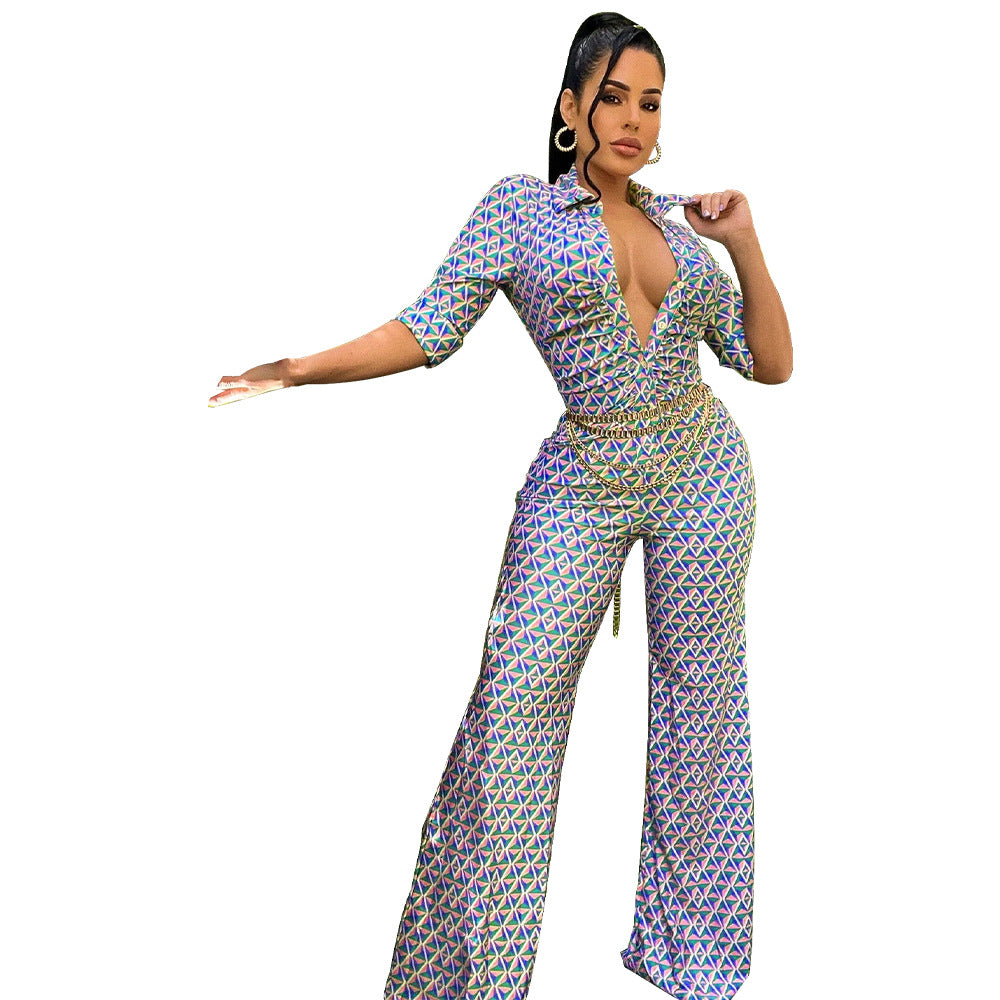 Dame jumpsuit med geometrisk design og smart taljebælte Stilla