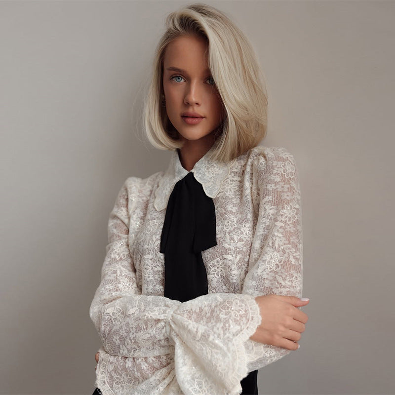 Dame Elegant Bluse med Rüschen og Kravbindingdetalje Stilla