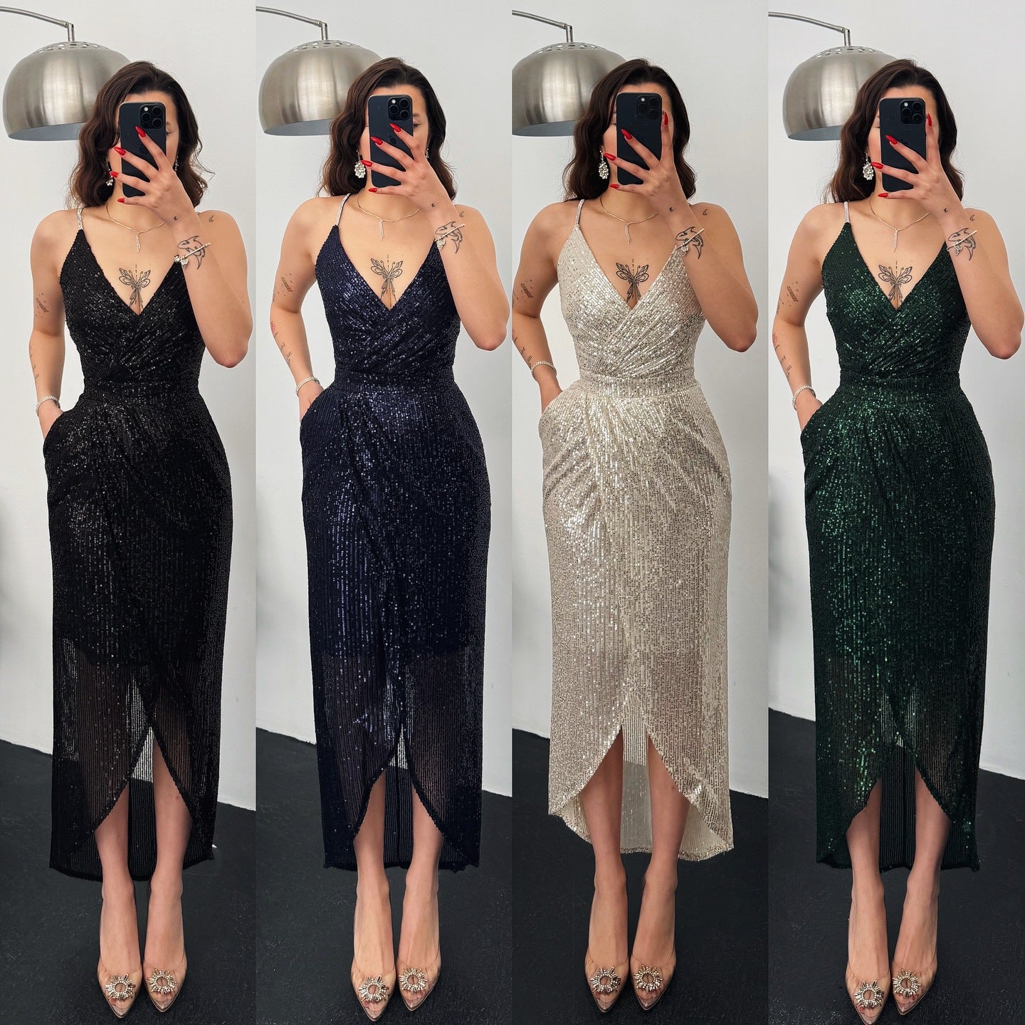 Dame Elegant Funktionskjole med skinnende paljettstof og dyb V-udskæring Stilla