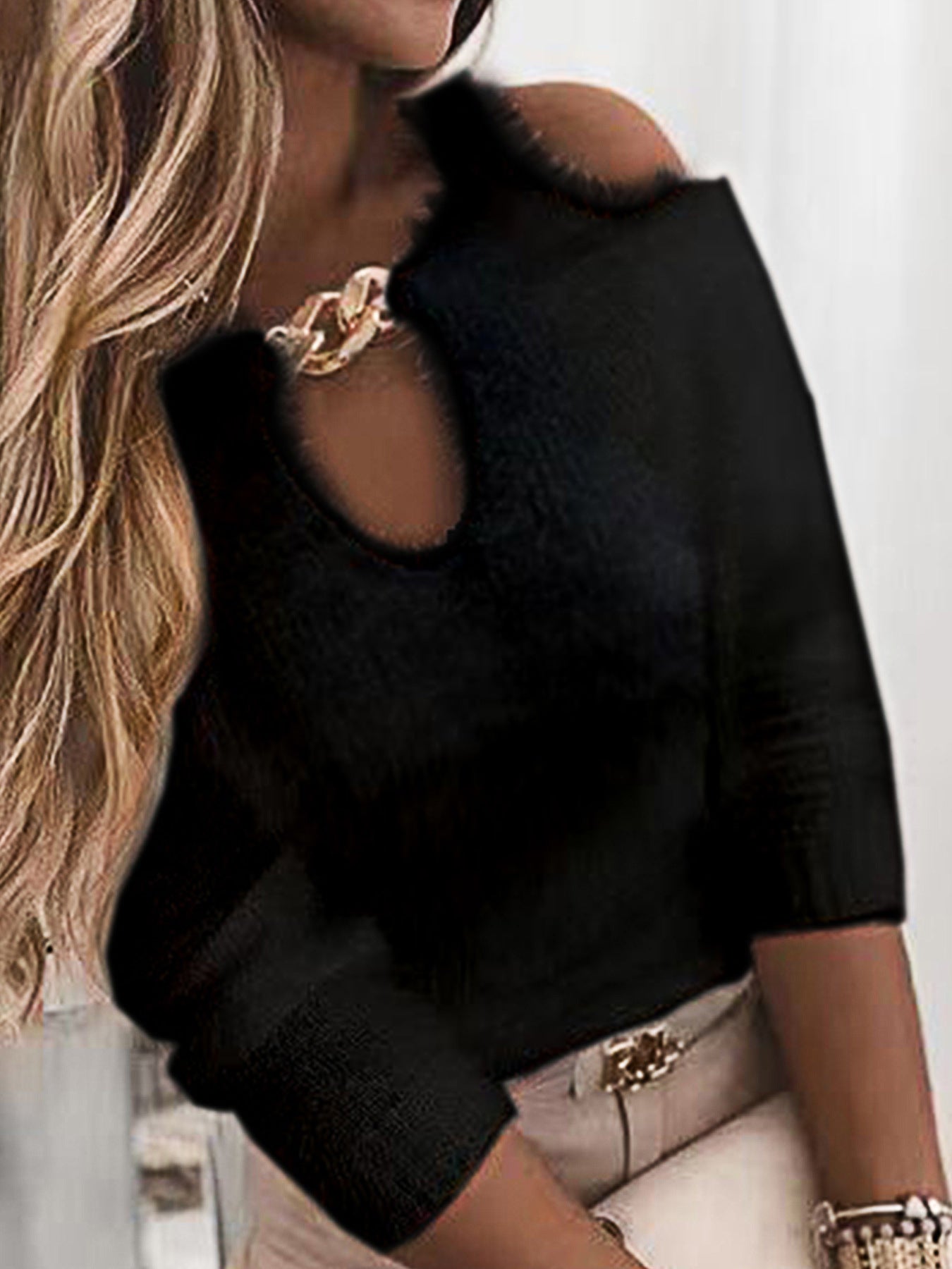 Dame elegant Crop-Pullover med nøgleudskæring og glinsende dekorative detaljer Stilla