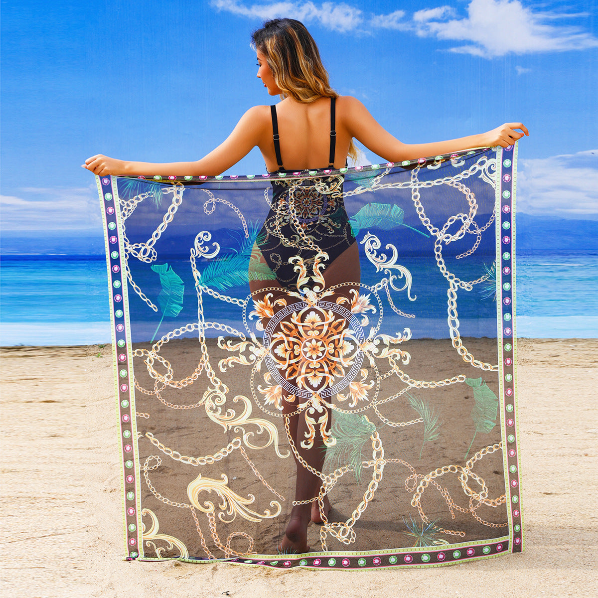 Dame Elegant Éntøj Badedragt med modige dekorationer og matchende tørklæde Stilla