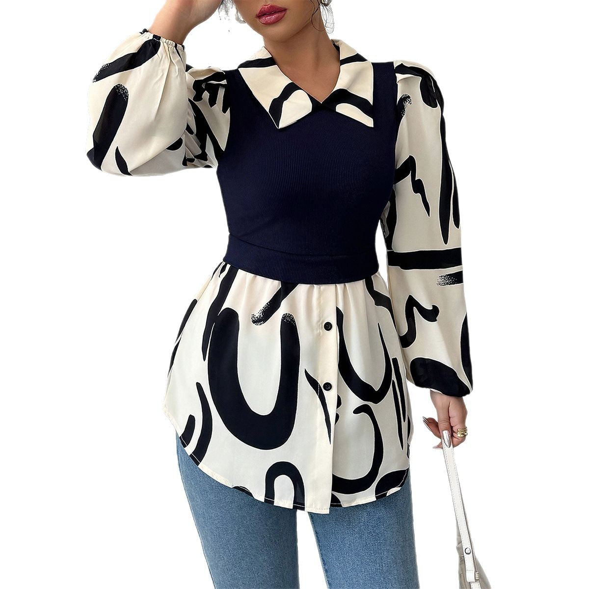 Dame designer-bluse med voluminøse ærmer og moderne mønster Stilla