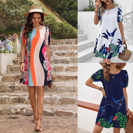 Dame A-linje kjole med tropisk tryk Stilla