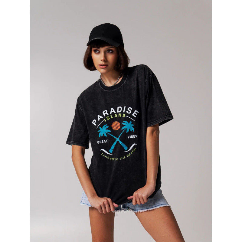 Dame afslappet grafik T-shirt med tropisk strandmotiv Stilla