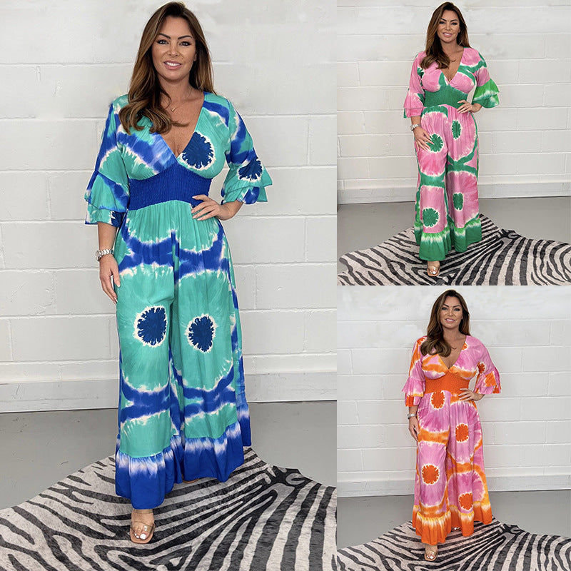 Dame Elegant Vinkle-Jumpsuit med Flæseærmer og Talje Stilla