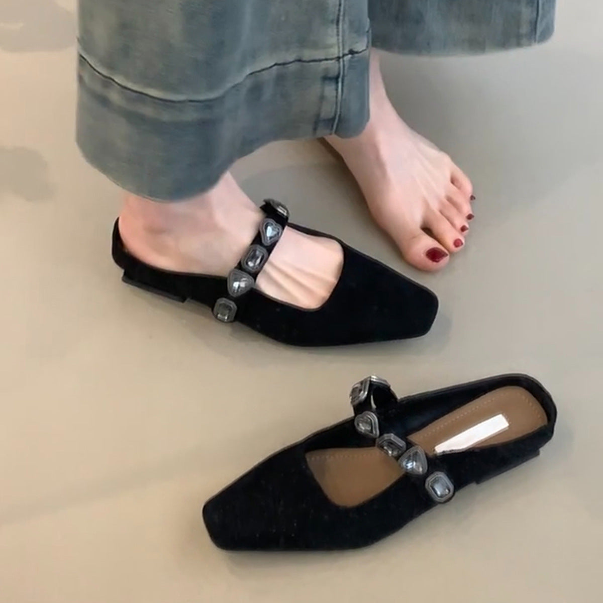 Dame elegant firkantet tå Slingback Mules med dekorativ rem Stilla