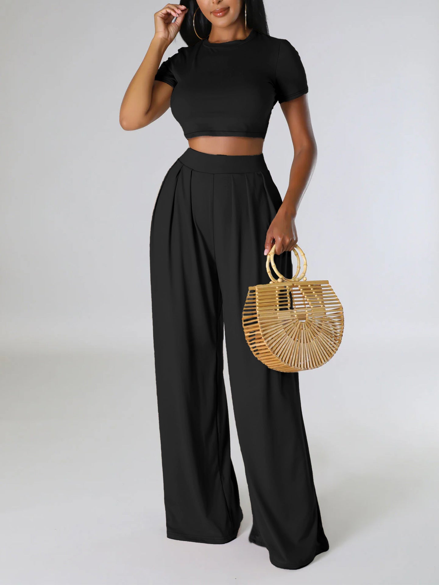 Dame Cut-Out Crop Top og brede High Waist Bukser Sæt Stilla