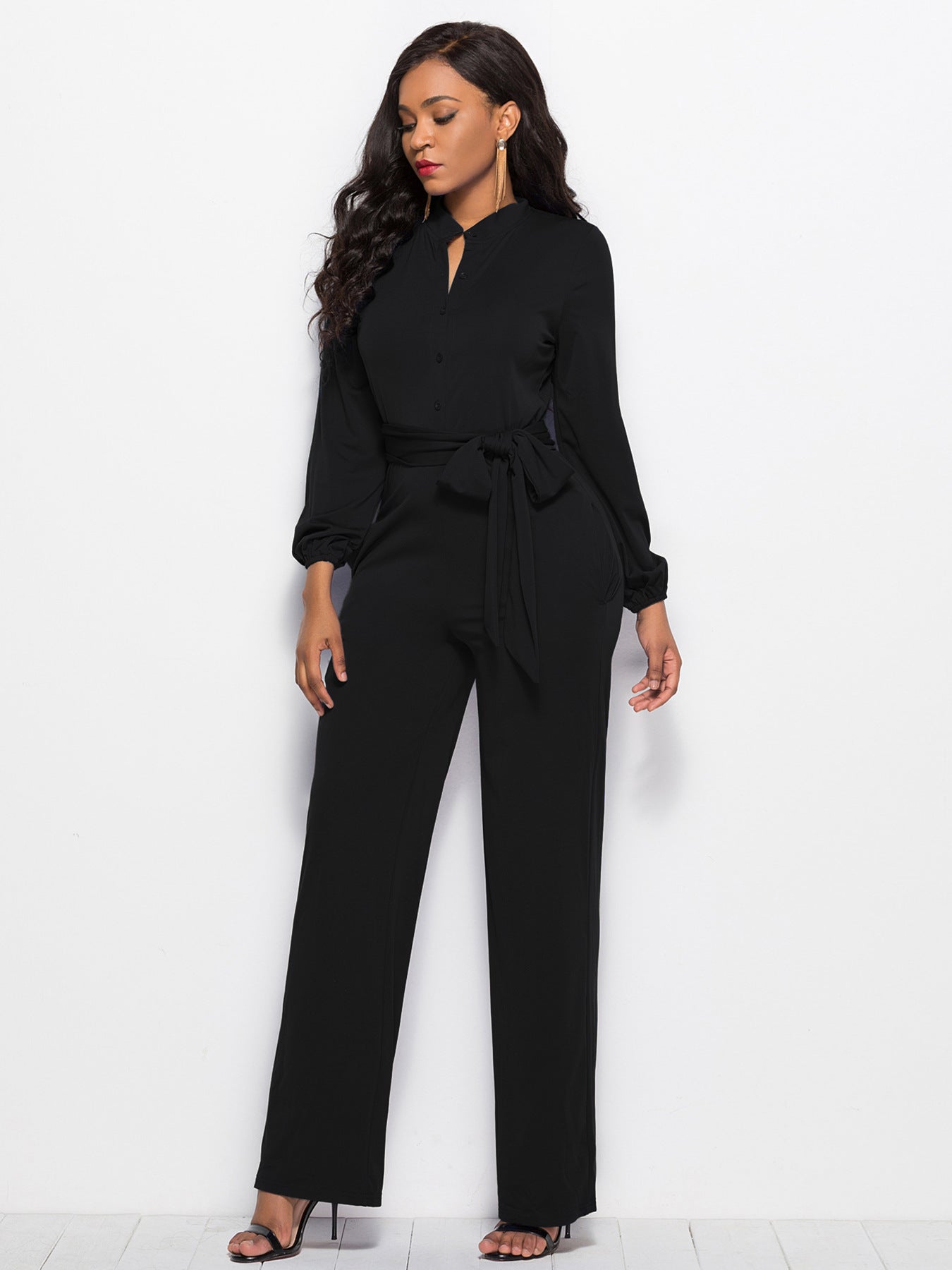 Damer Elegant Langærmet Jumpsuit med Talje bånd og Knapdetaljer Stilla