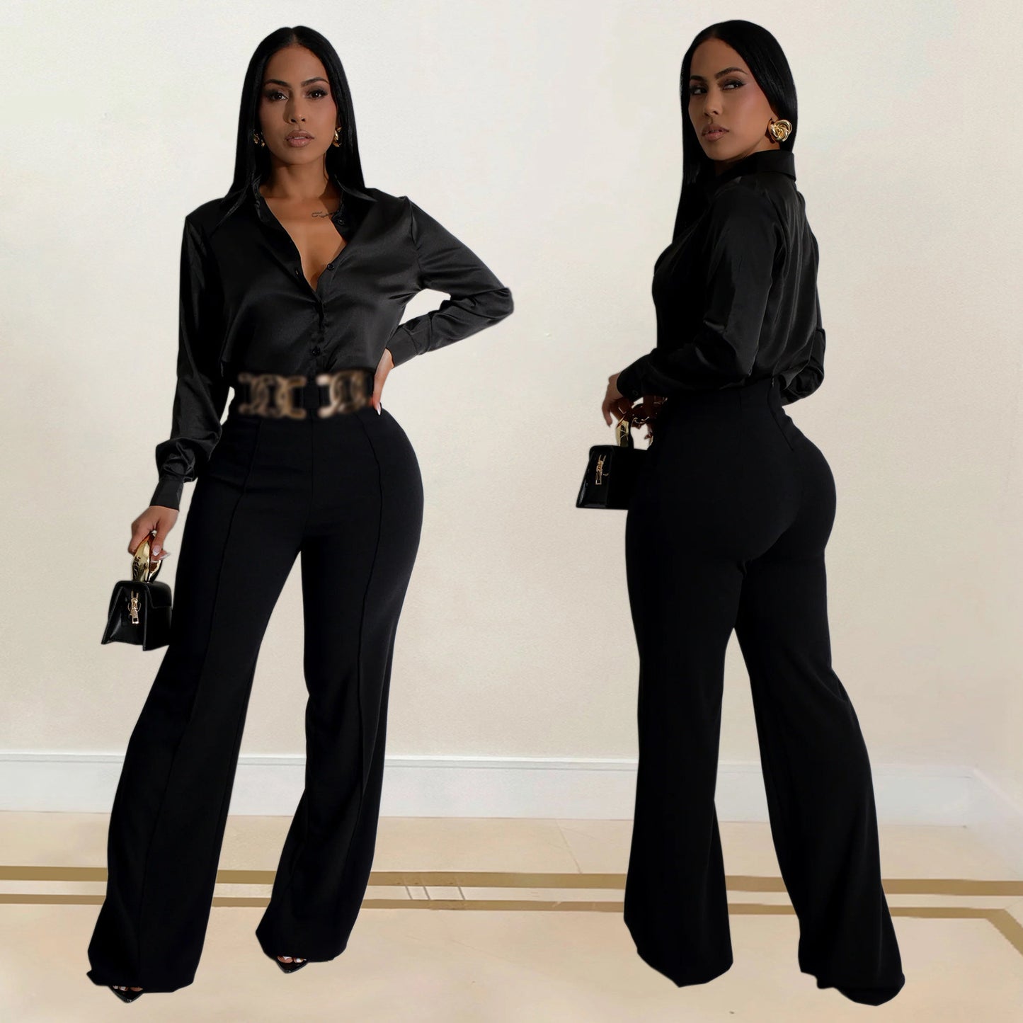 Dame Elegant bluse- og bukse-sæt med høj talje og glansfuldt finish Stilla