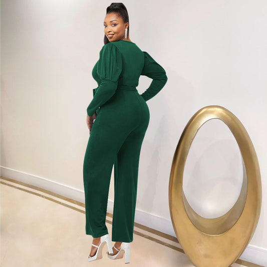 Stilla | Elegant Langærmet V-hals Bælte Jumpsuit