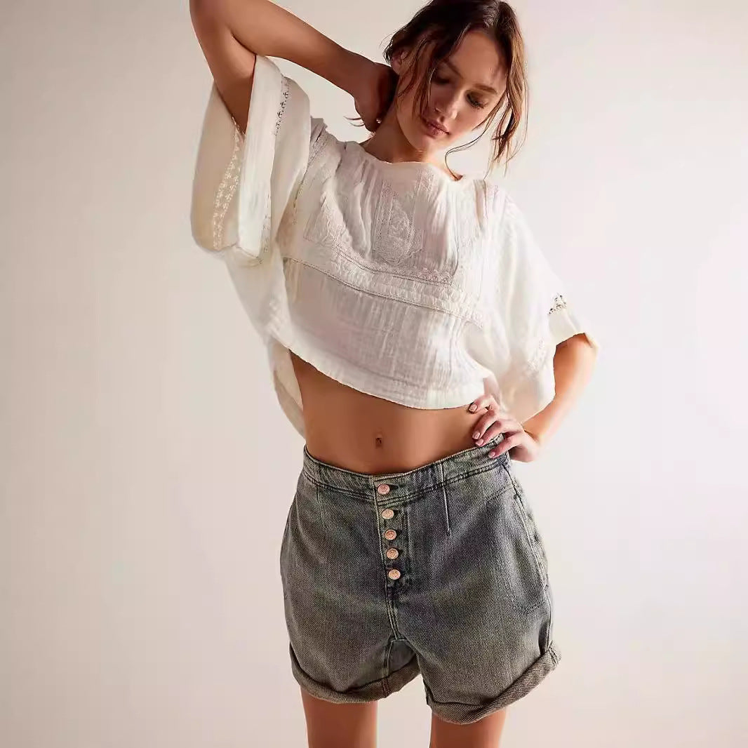 Dame cropped jeansjakke med lagdelt flannelfor Stilla