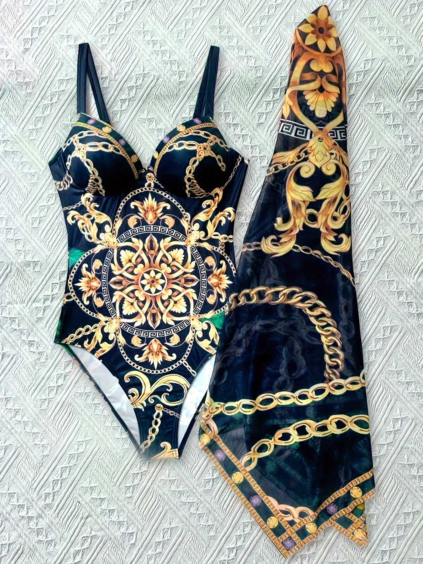 Dame Elegant Éntøj Badedragt med modige dekorationer og matchende tørklæde Stilla