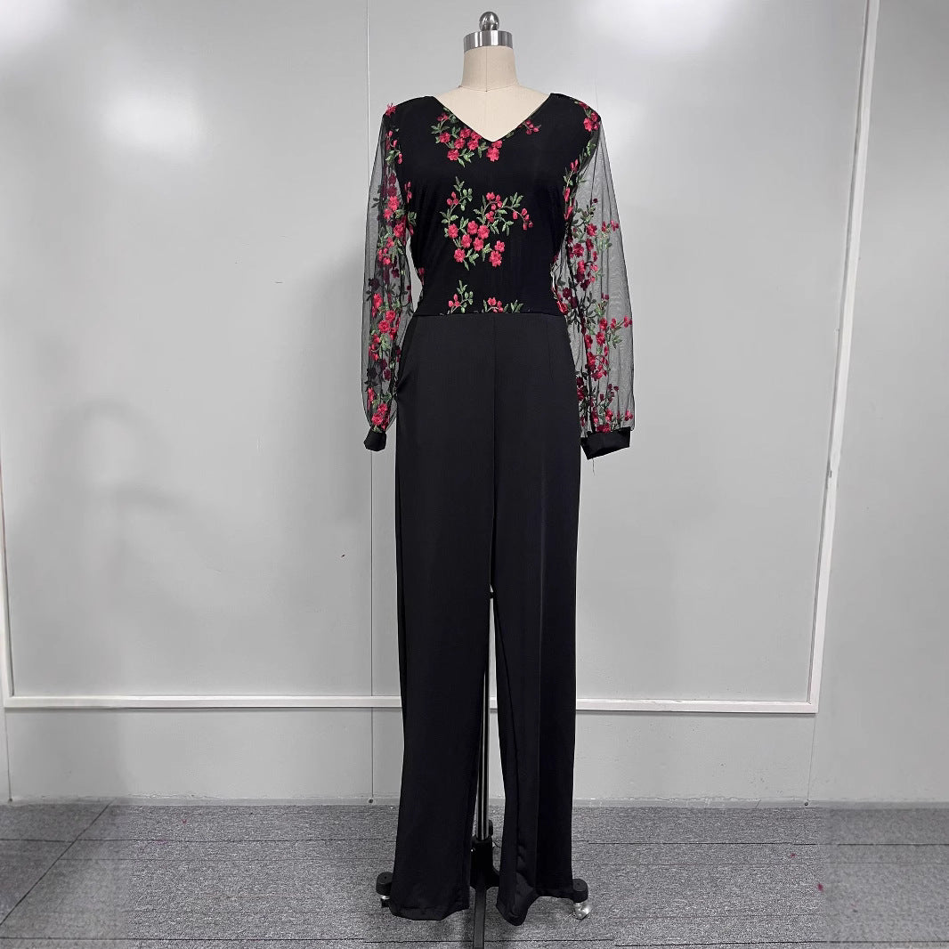 Dame jumpsuit med blomster spid top og vidde ben Stilla