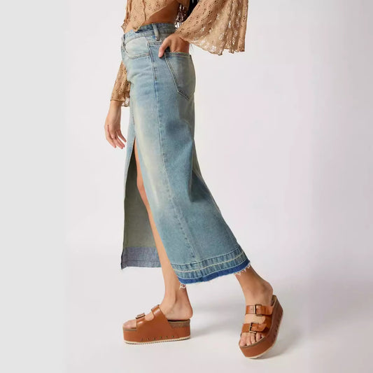 Dame Denim Maxi-nederdel med slidser og legende kant Stilla