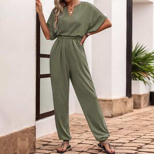 Dame Stilfuld V-Hals Jumpsuit med Elastisk Liv og Vidde Ben Stilla