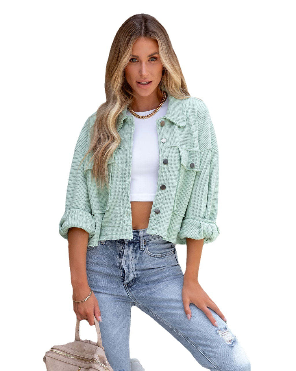 Dame afslappet bomuldsjakke i cropped stil med påsyede lommer Stilla