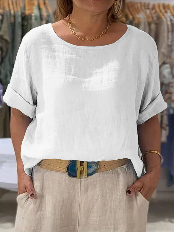 Dame afslappet linenbluse med omslagbare ærmer og elegant rundhalset udskæring Stilla