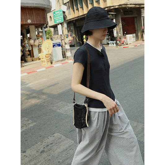 Dame afslappet kortærmet overdel med knapliste og blødt stof Stilla