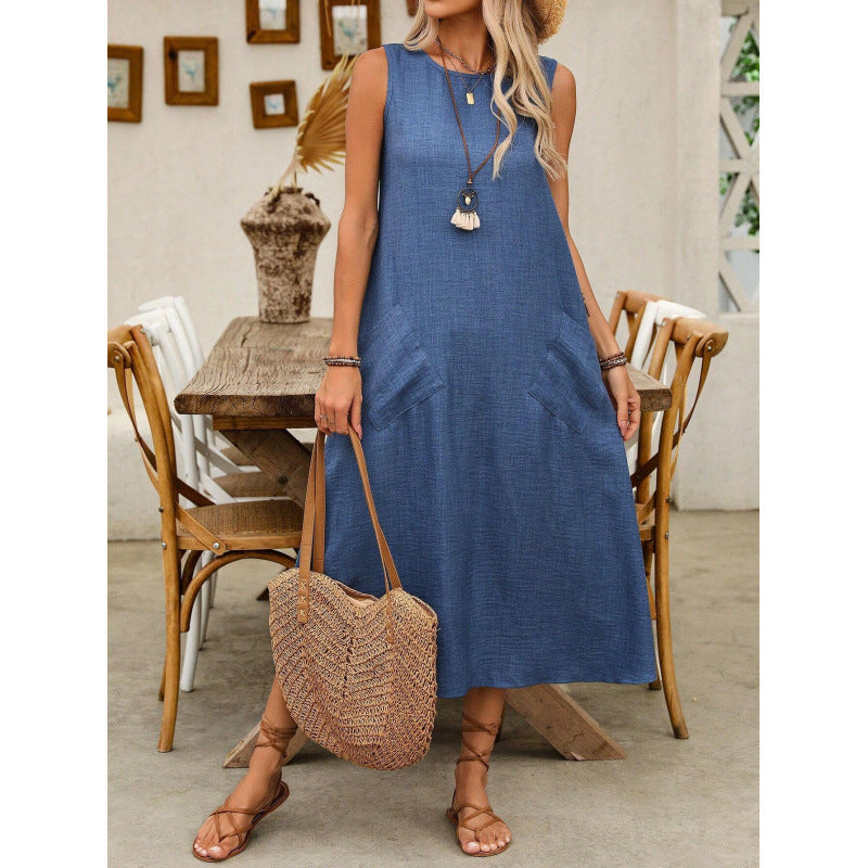 Dame afslappet maxikjole med praktiske lommer og rynket snit Stilla