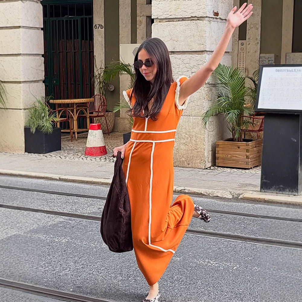 Dame Elegant Cocktailkjole med dyb V-udskæring og dekorativ flæsekant Stilla