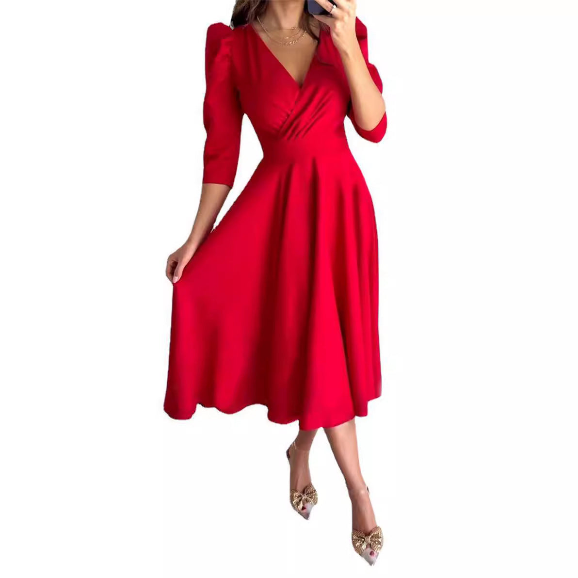 Dame A-linie kjole med puffærmer og omslagseffekt Stilla