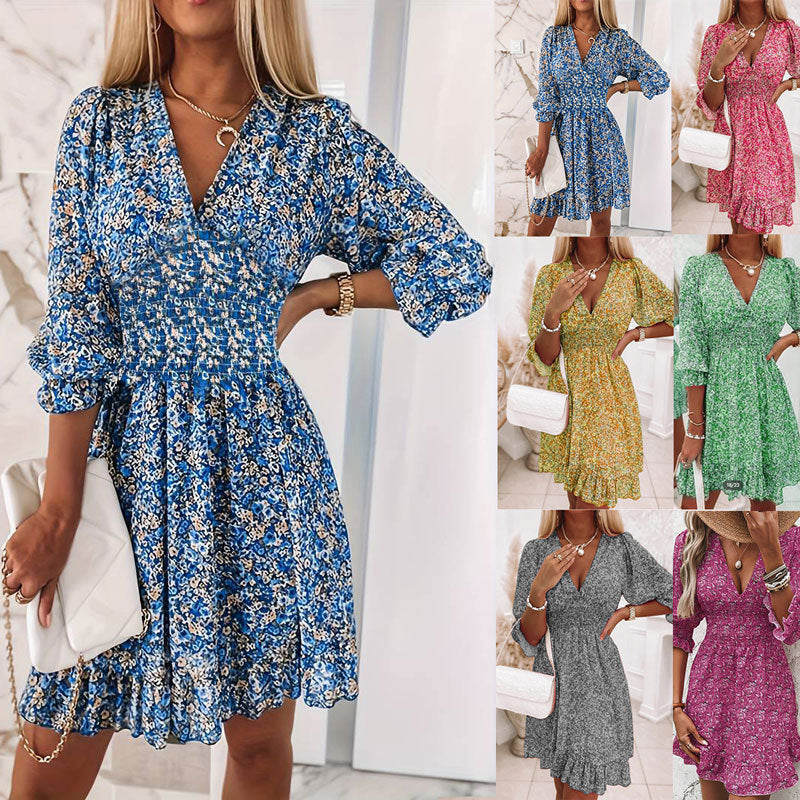 Dame Elegant blomsterkjole med voluminøse ærmer og dyb V-udskæring Stilla