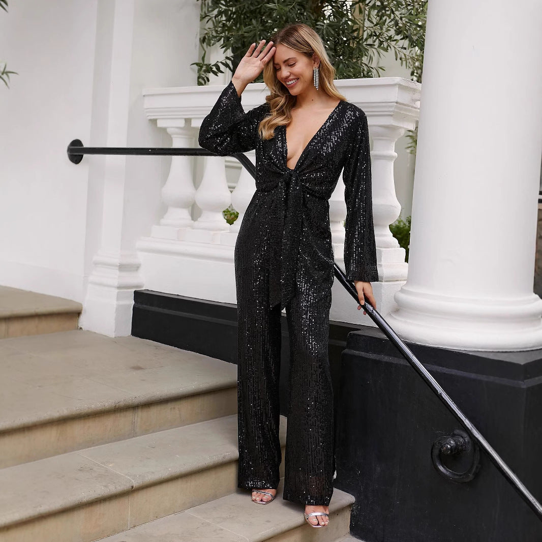 Dame Funklende Aften-Jumpsuit med bredt ben og glamorøs Pailletbesætning Stilla