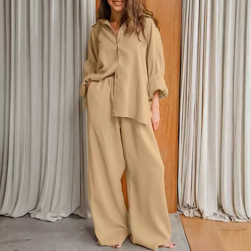 Dame afslappet linned skjorte og palazzo bukser sæt Stilla