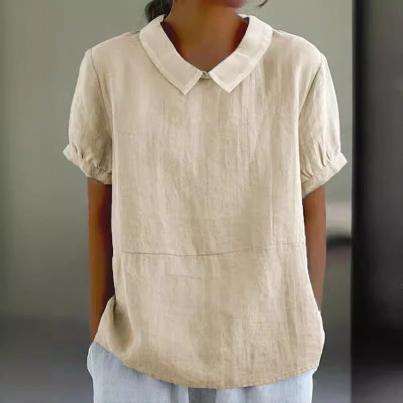 Dame afslappet bluse i let hørstof med elegante kraver Stilla