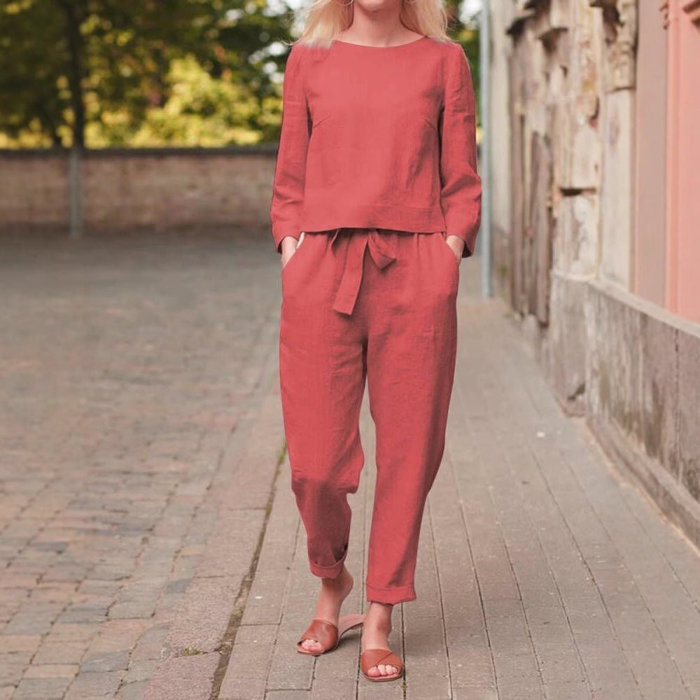 Dame afslappet linnedragt sæt med høj talje og taljehjælp Stiila