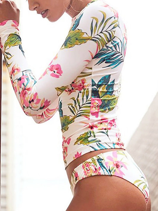 Dame Langærmet Floral Print Badeoverdel og -bundsæt Stilla