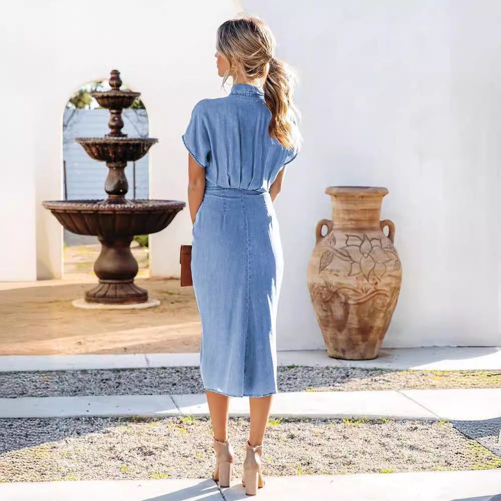 Dame Denim Skjortekjole med Vaflebælte og Overlappede Ærmer Stilla