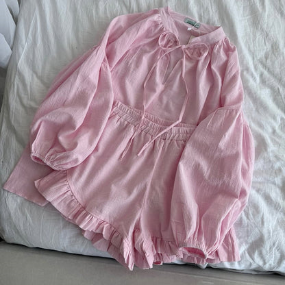 Dame Linned Shorts-Sæt med voluminøse ærmer og flæsedetaljer Stilla