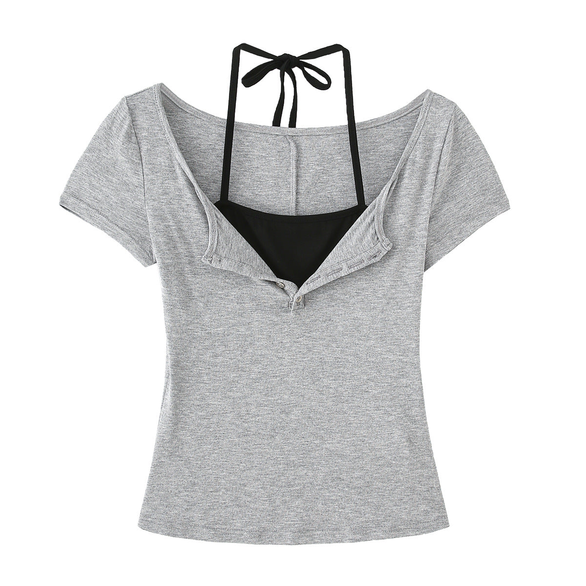 Dame Cropped T-shirt med justerbare spaghetti-stropper og knapdetaljering Stilla