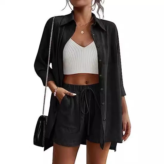 Dame afslappet linned sæt med korte bukser og skjorte Stilla