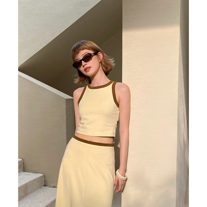 Dame Crop-Top og Maxiskørt-sæt med kontrastdetaljer og flydende snit Stilla